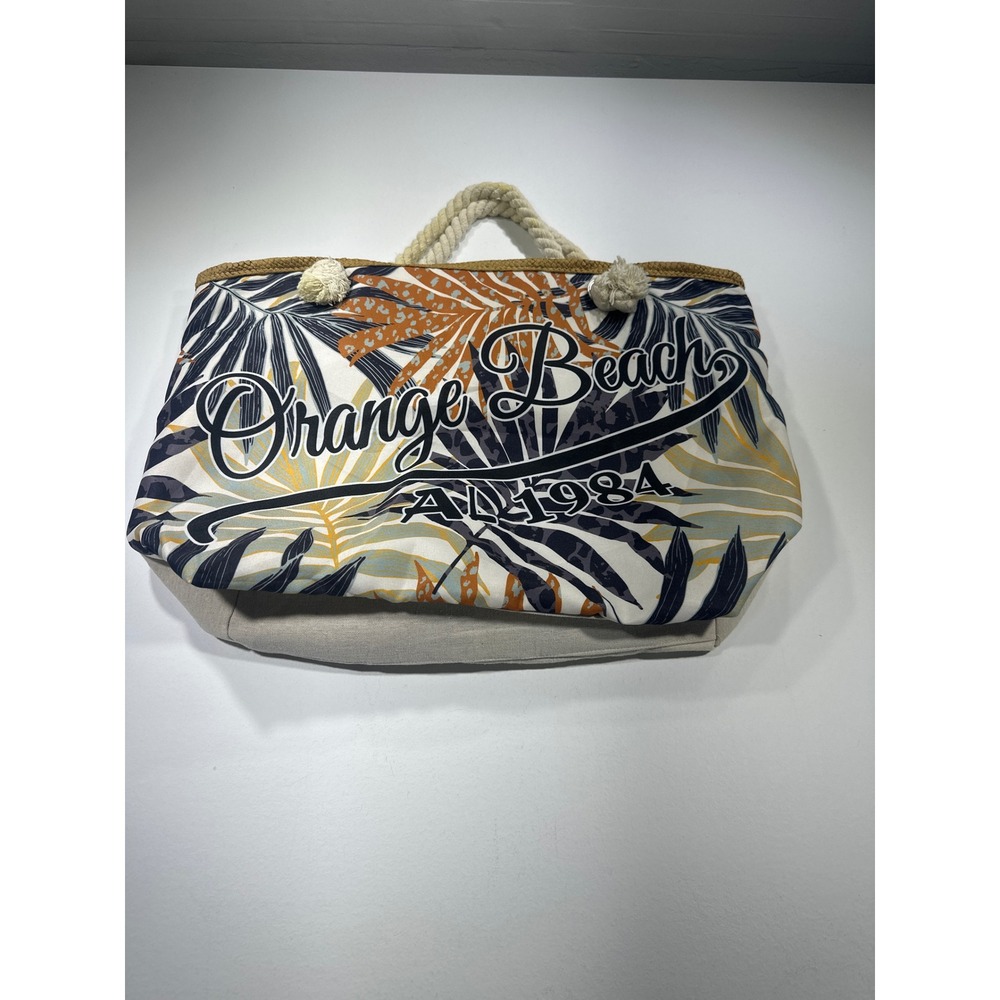Orange Beach AL 1984 Tropical Palm Leaf Rope Handle Tote Bag Large Canvas